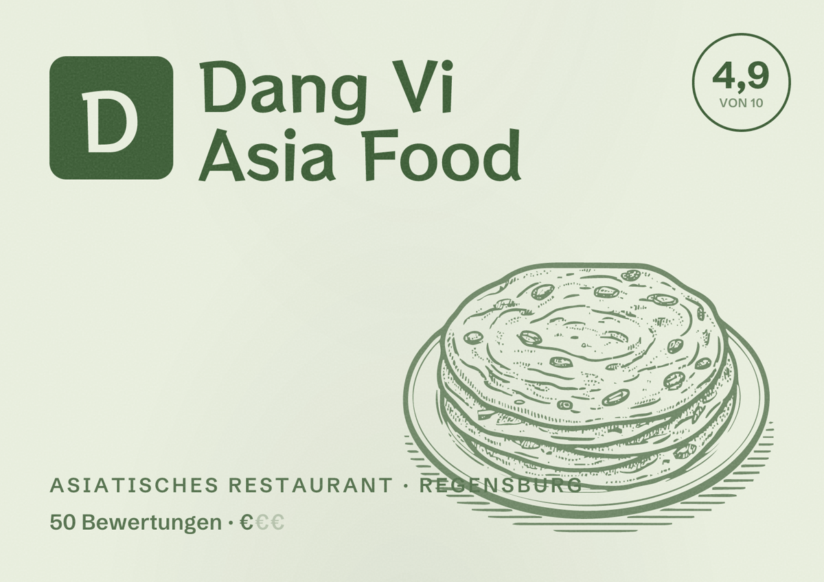 Illustriertes Poster von Dang Vi Asia Food, Asiatisches Restaurant in Regensburg: Bewertung 4,9 von 10 aus 50 Bewertungen, Preisniveau €