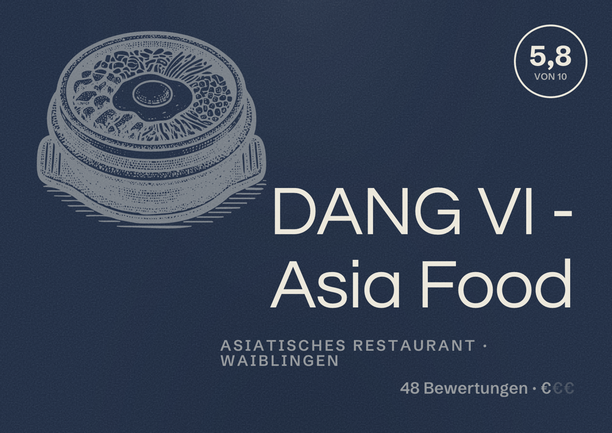 Illustriertes Poster von DANG VI - Asia Food, Asiatisches Restaurant in Waiblingen: Bewertung 5,8 von 10 aus 48 Bewertungen, Preisniveau €