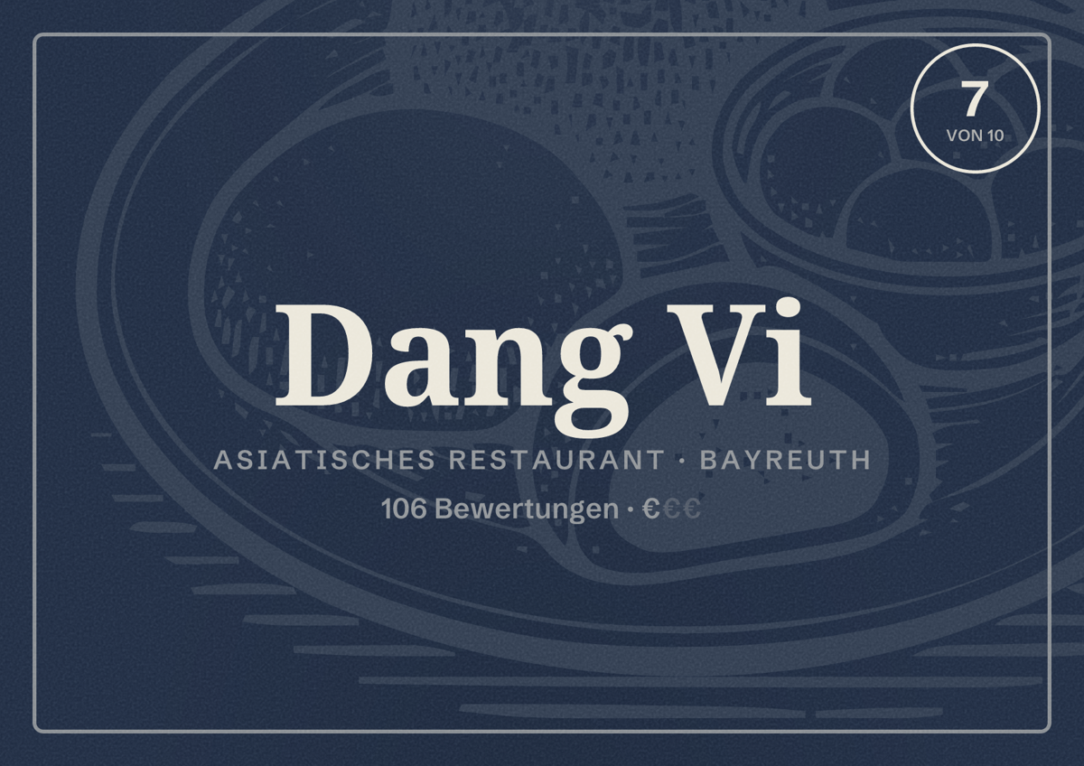 Illustriertes Poster von Dang Vi, Asiatisches Restaurant in Bayreuth: Bewertung 7 von 10 aus 106 Bewertungen, Preisniveau €