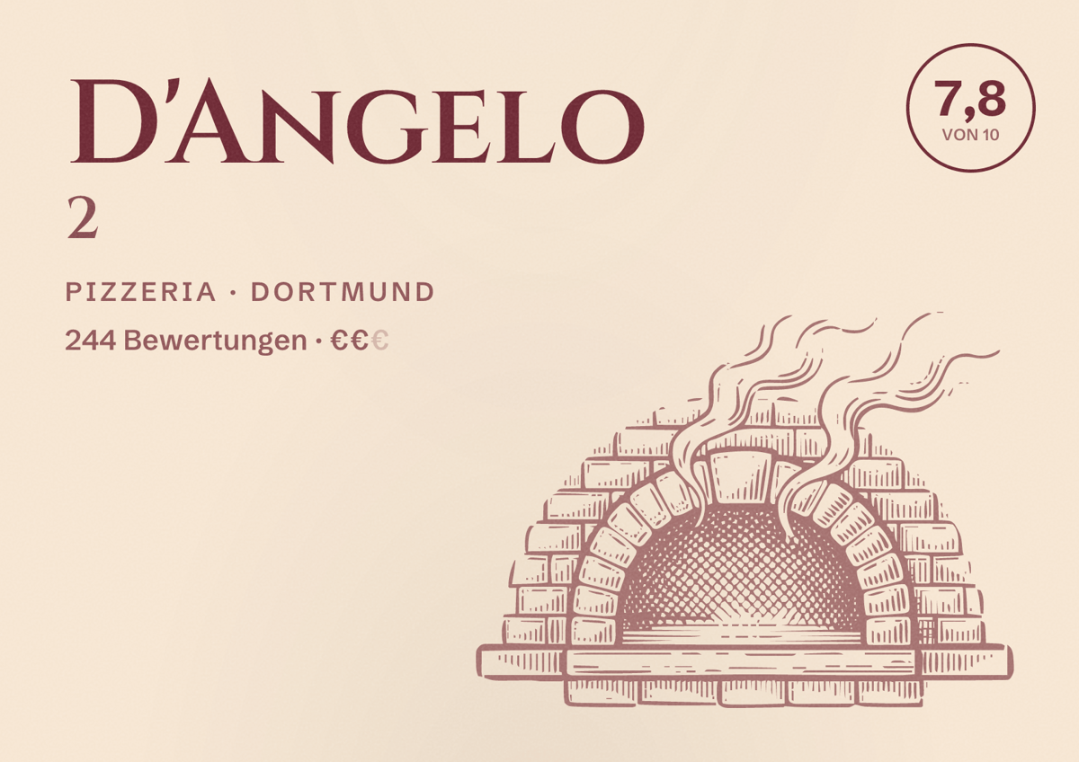 Illustriertes Poster von D'Angelo 2, Pizzeria in Dortmund: Bewertung 7,8 von 10 aus 244 Bewertungen, Preisniveau €€