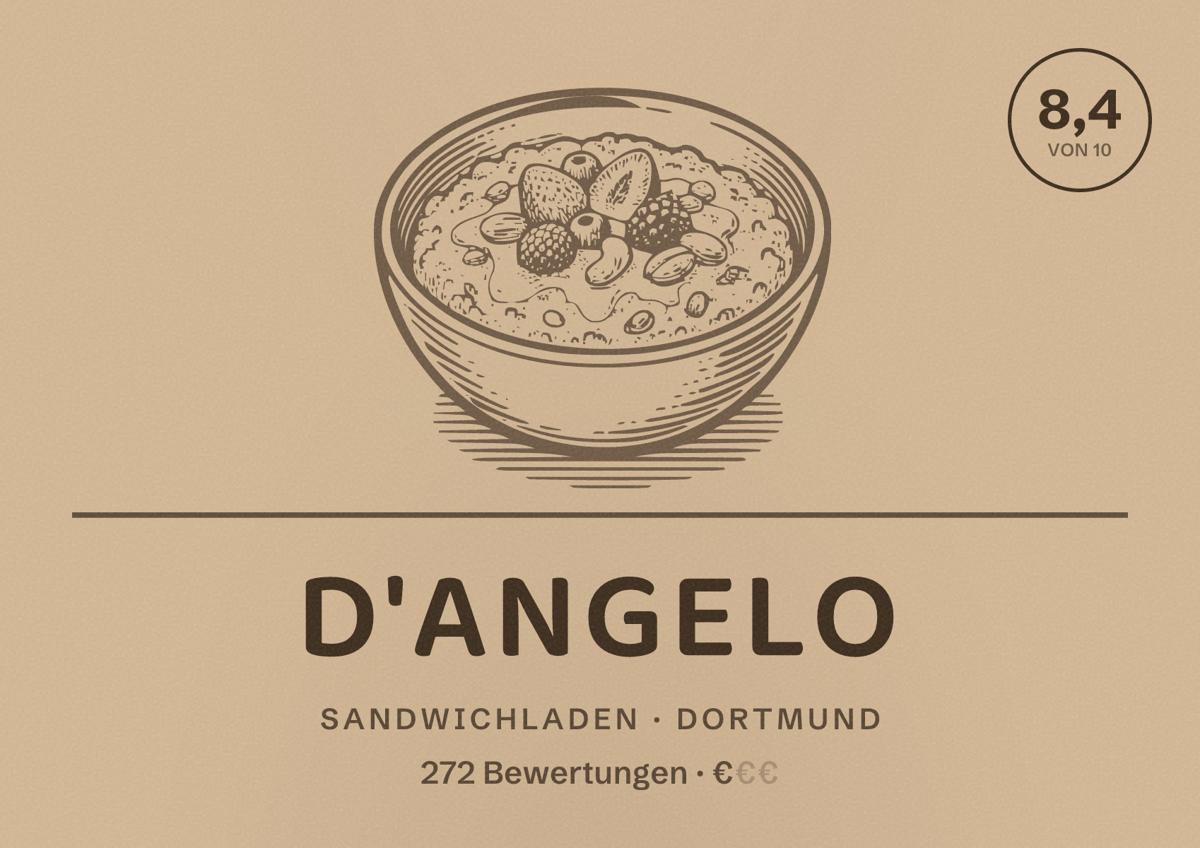 Illustriertes Poster von d'Angelo, Sandwichladen in Dortmund: Bewertung 8,4 von 10 aus 272 Bewertungen, Preisniveau €
