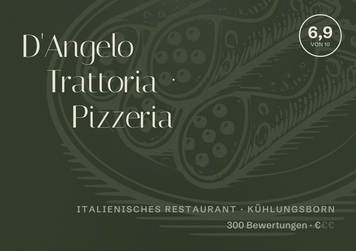 Illustriertes Poster von D'Angelo Trattoria · Pizzeria, Italienisches Restaurant in Kühlungsborn: Bewertung 6,9 von 10 aus 300 Bewertungen, Preisniveau €