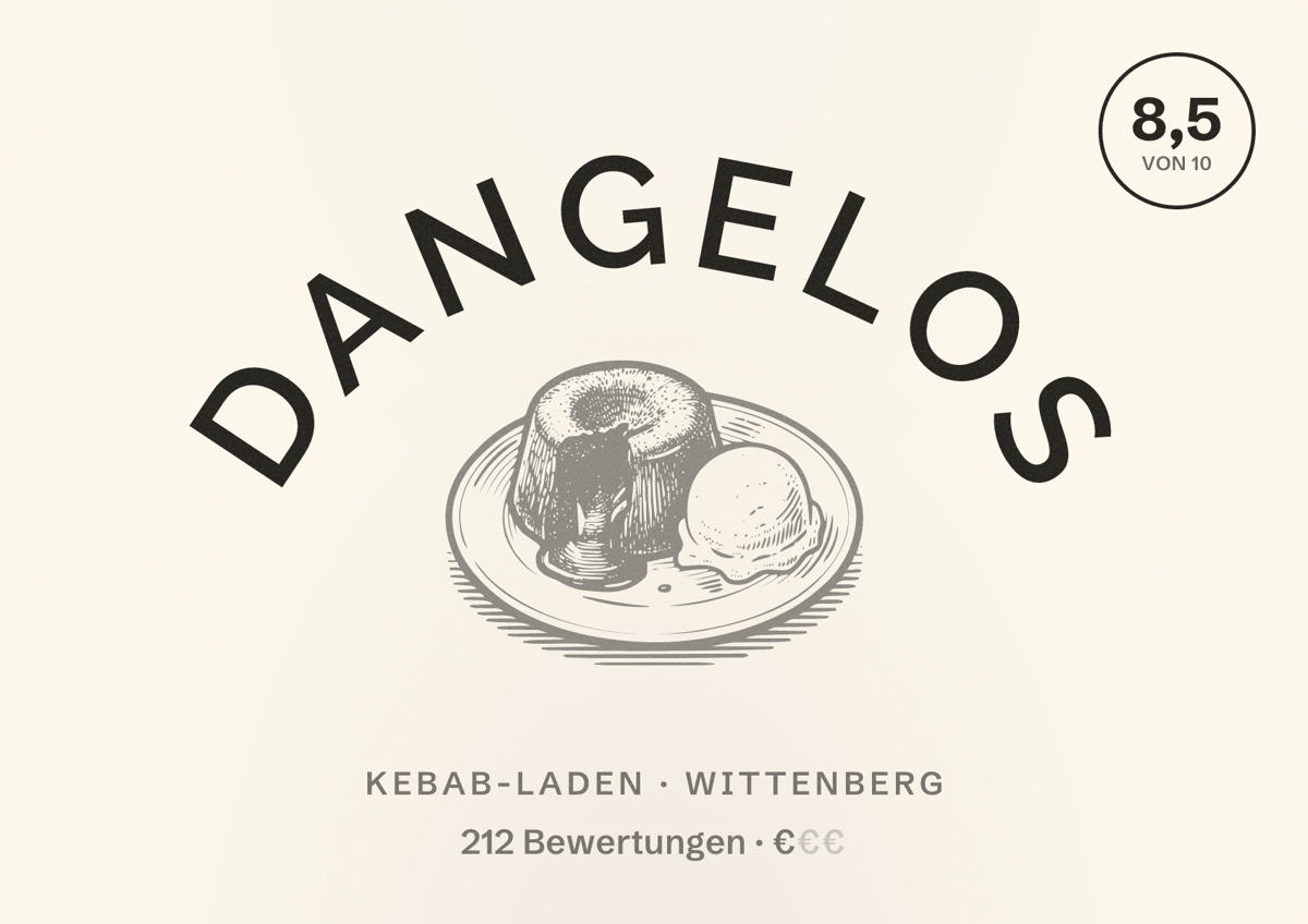 Illustriertes Poster von Dangelos, Kebab-Laden in Wittenberg: Bewertung 8,5 von 10 aus 212 Bewertungen, Preisniveau €