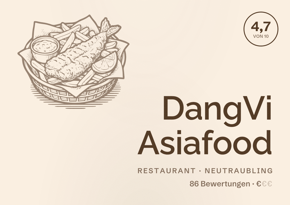 Illustriertes Poster von DangVi Asiafood, Restaurant in Neutraubling: Bewertung 4,7 von 10 aus 86 Bewertungen, Preisniveau €