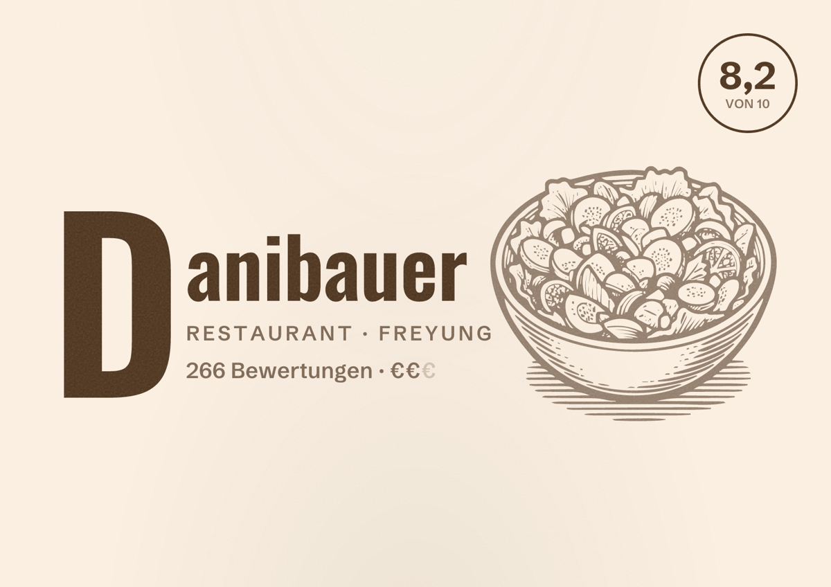 Illustriertes Poster von Danibauer, Restaurant in Freyung: Bewertung 8,2 von 10 aus 266 Bewertungen, Preisniveau €€