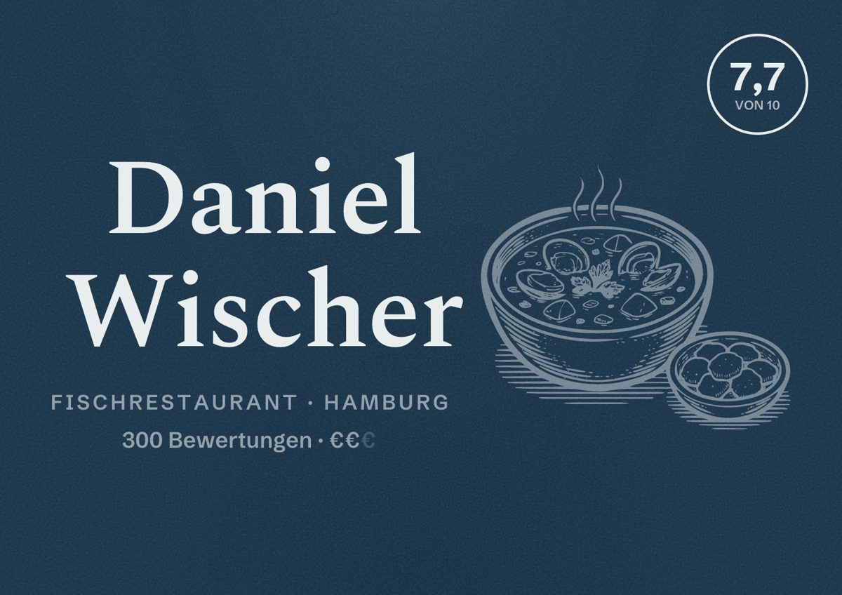 Illustriertes Poster von Daniel Wischer, Fischrestaurant in Hamburg: Bewertung 7,7 von 10 aus 300 Bewertungen, Preisniveau €€