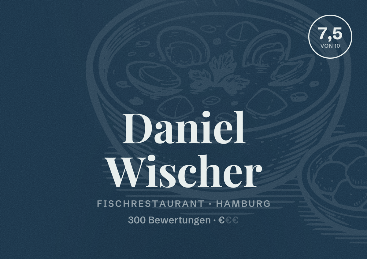 Illustriertes Poster von Daniel Wischer, Fischrestaurant in Hamburg: Bewertung 7,5 von 10 aus 300 Bewertungen, Preisniveau €