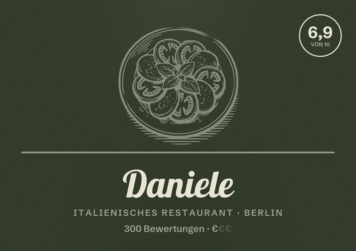 Illustriertes Poster von Daniele, Italienisches Restaurant in Berlin: Bewertung 6,9 von 10 aus 300 Bewertungen, Preisniveau €