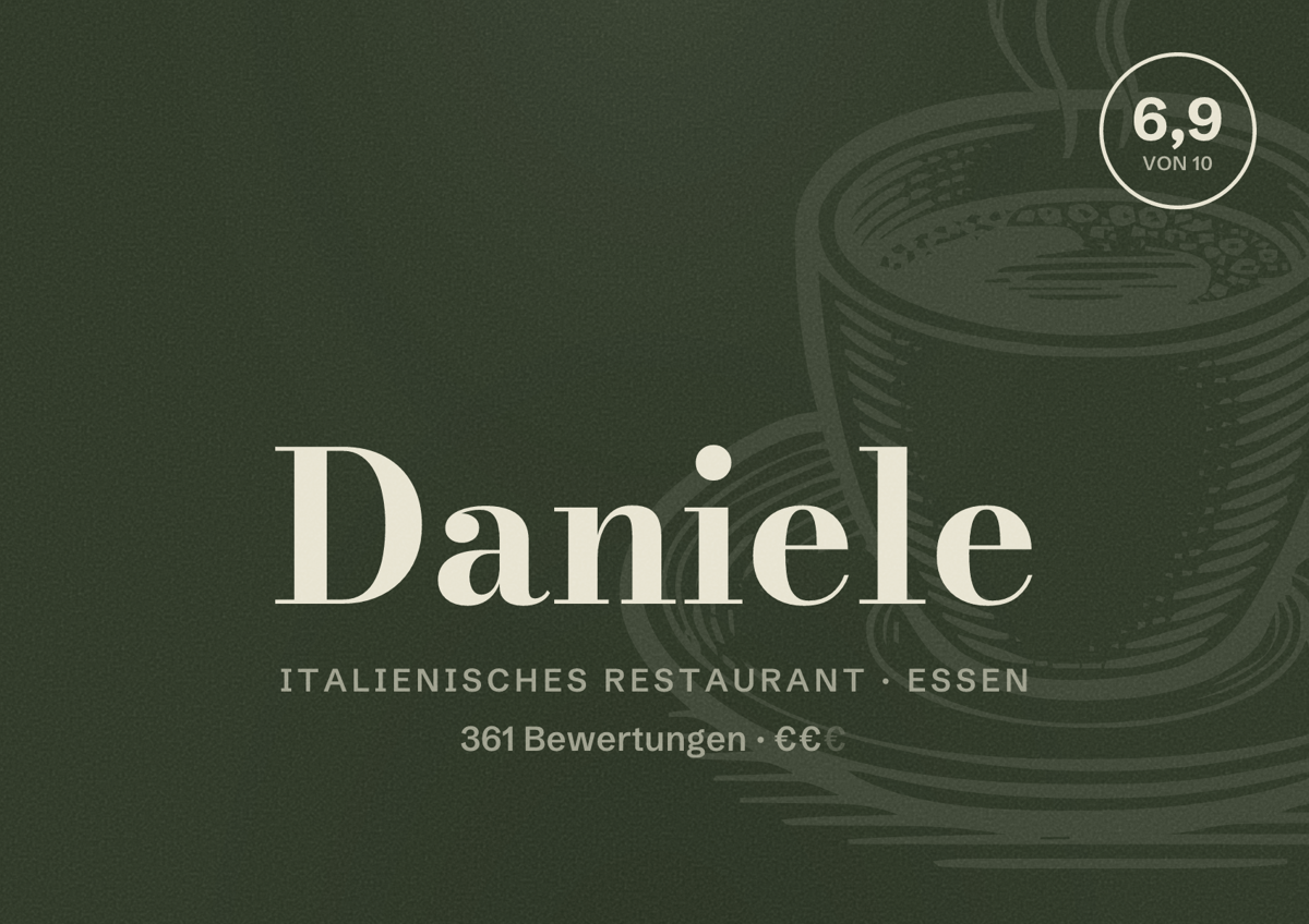 Illustriertes Poster von Daniele, Italienisches Restaurant in Essen: Bewertung 6,9 von 10 aus 361 Bewertungen, Preisniveau €€