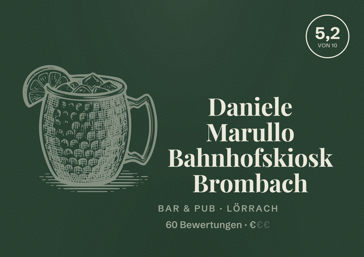 Illustriertes Poster von Daniele Marullo Bahnhofskiosk Brombach, Bar & Pub in Lörrach: Bewertung 5,2 von 10 aus 60 Bewertungen, Preisniveau €
