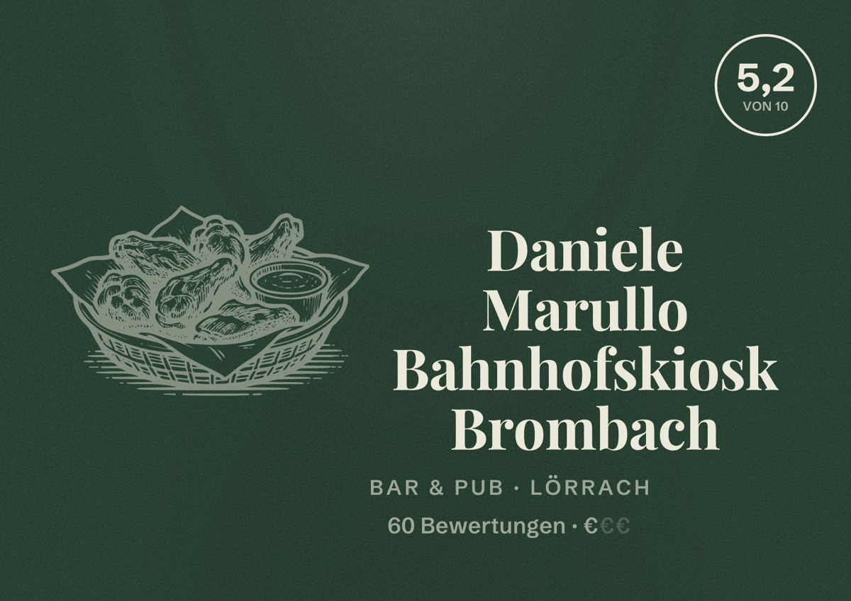 Illustriertes Poster von Daniele Marullo Bahnhofskiosk Brombach, Bar & Pub in Lörrach: Bewertung 5,2 von 10 aus 60 Bewertungen, Preisniveau €
