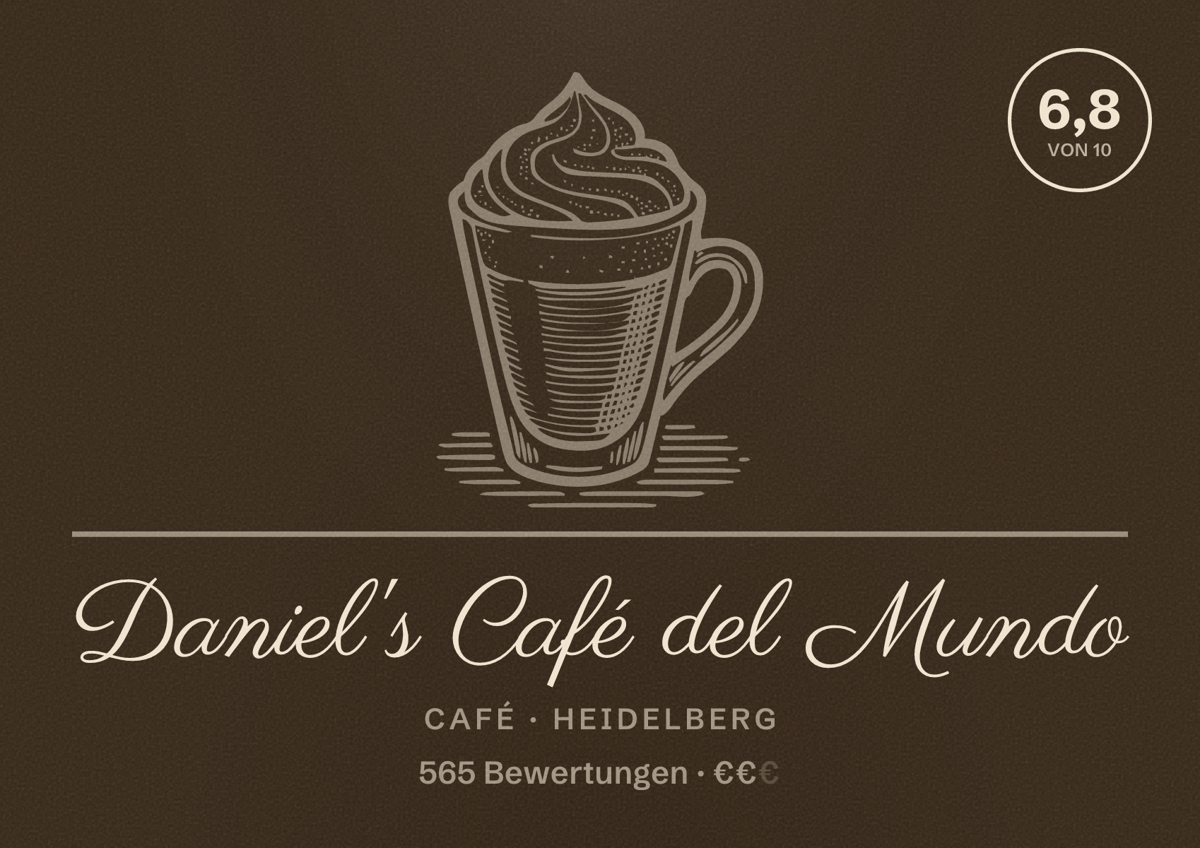 Illustriertes Poster von Daniel's Café del Mundo, Café in Heidelberg: Bewertung 6,8 von 10 aus 565 Bewertungen, Preisniveau €€