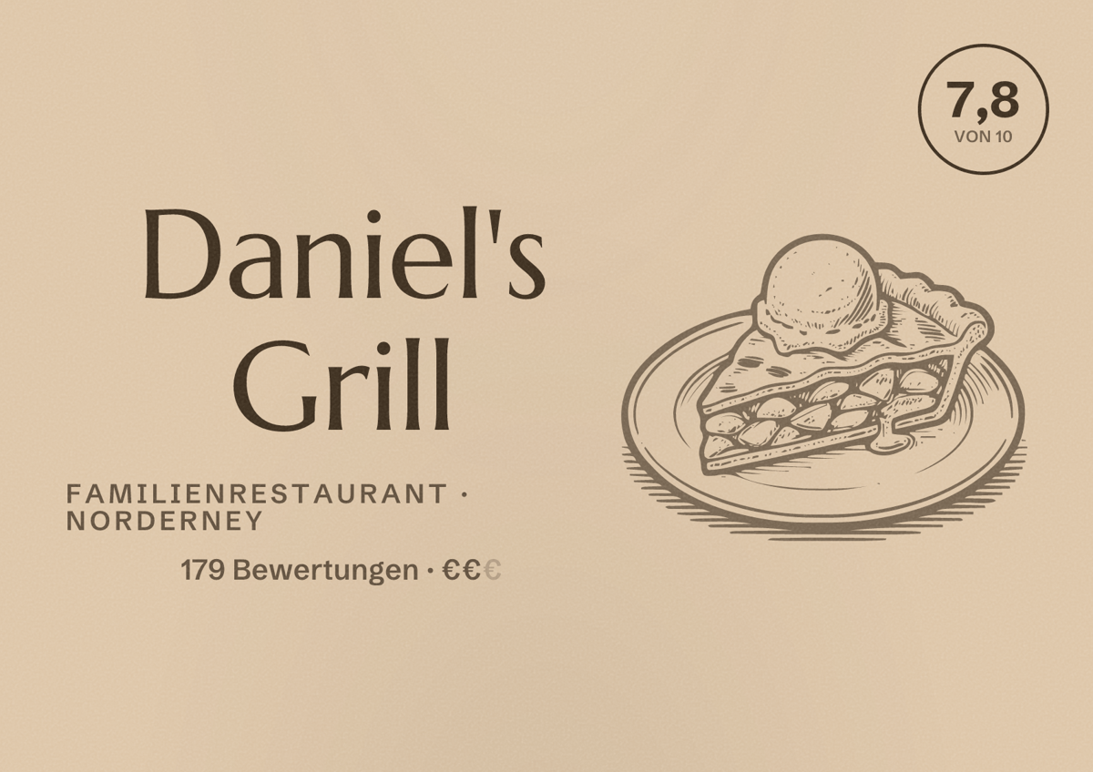 Illustriertes Poster von Daniel's Grill, Familienrestaurant in Norderney: Bewertung 7,8 von 10 aus 179 Bewertungen, Preisniveau €€