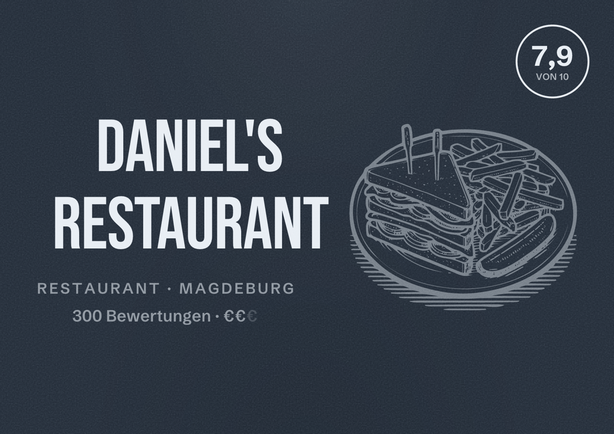 Illustriertes Poster von Daniel's Restaurant, Restaurant in Magdeburg: Bewertung 7,9 von 10 aus 300 Bewertungen, Preisniveau €€