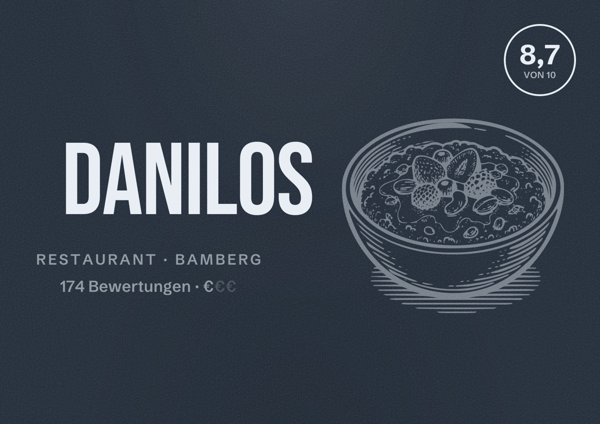 Illustriertes Poster von Danilos, Restaurant in Bamberg: Bewertung 8,7 von 10 aus 174 Bewertungen, Preisniveau €