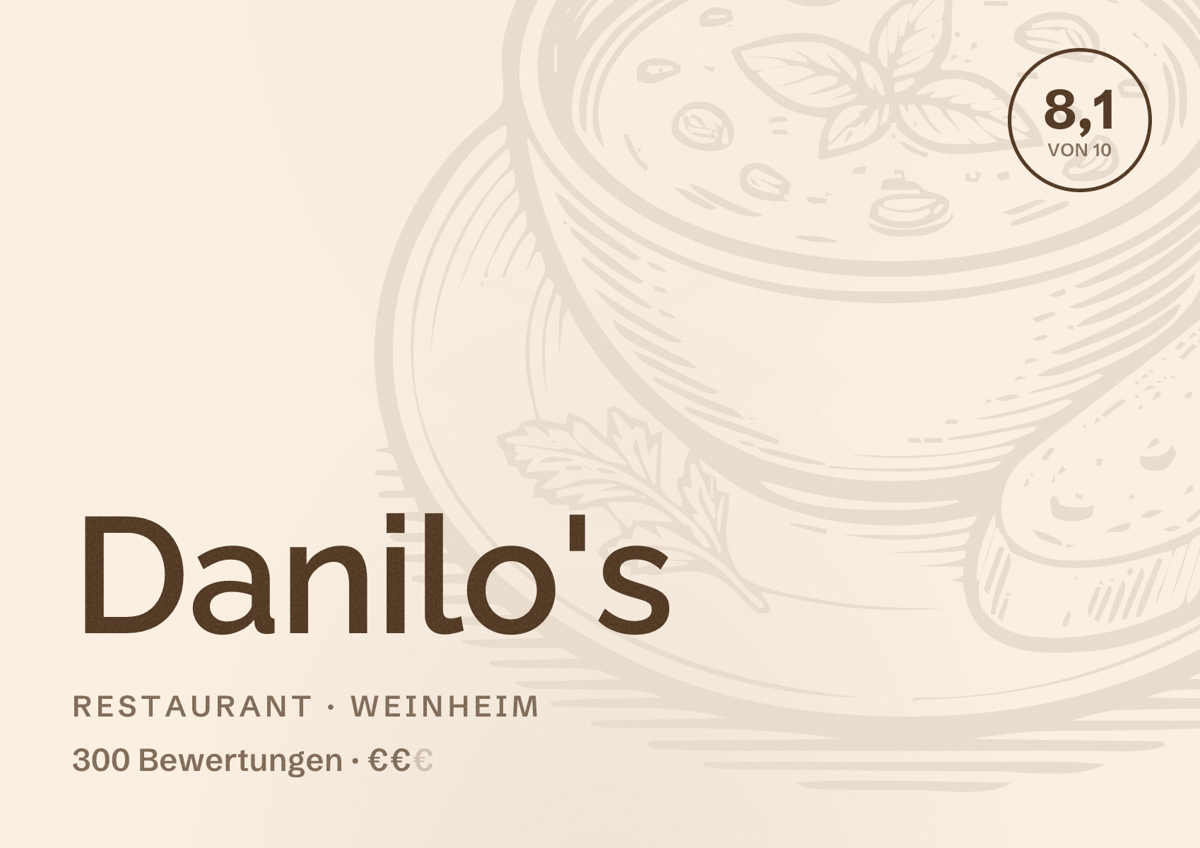 Illustriertes Poster von Danilo's, Restaurant in Weinheim: Bewertung 8,1 von 10 aus 300 Bewertungen, Preisniveau €€