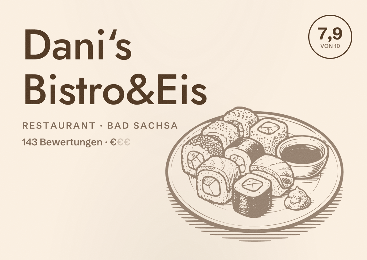 Illustriertes Poster von Dani‘s Bistro&Eis, Restaurant in Bad Sachsa: Bewertung 7,9 von 10 aus 143 Bewertungen, Preisniveau €