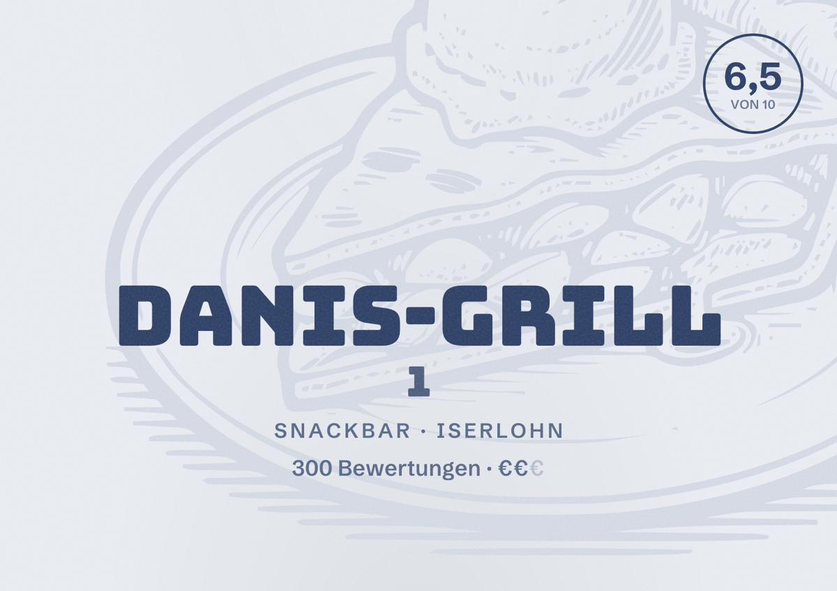 Illustriertes Poster von Danis-Grill 1, Snackbar in Iserlohn: Bewertung 6,5 von 10 aus 300 Bewertungen, Preisniveau €€