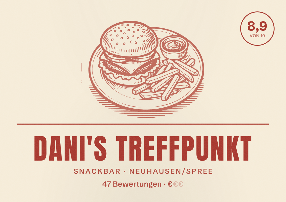 Illustriertes Poster von Dani's Treffpunkt, Snackbar in Neuhausen/Spree: Bewertung 8,9 von 10 aus 47 Bewertungen, Preisniveau €