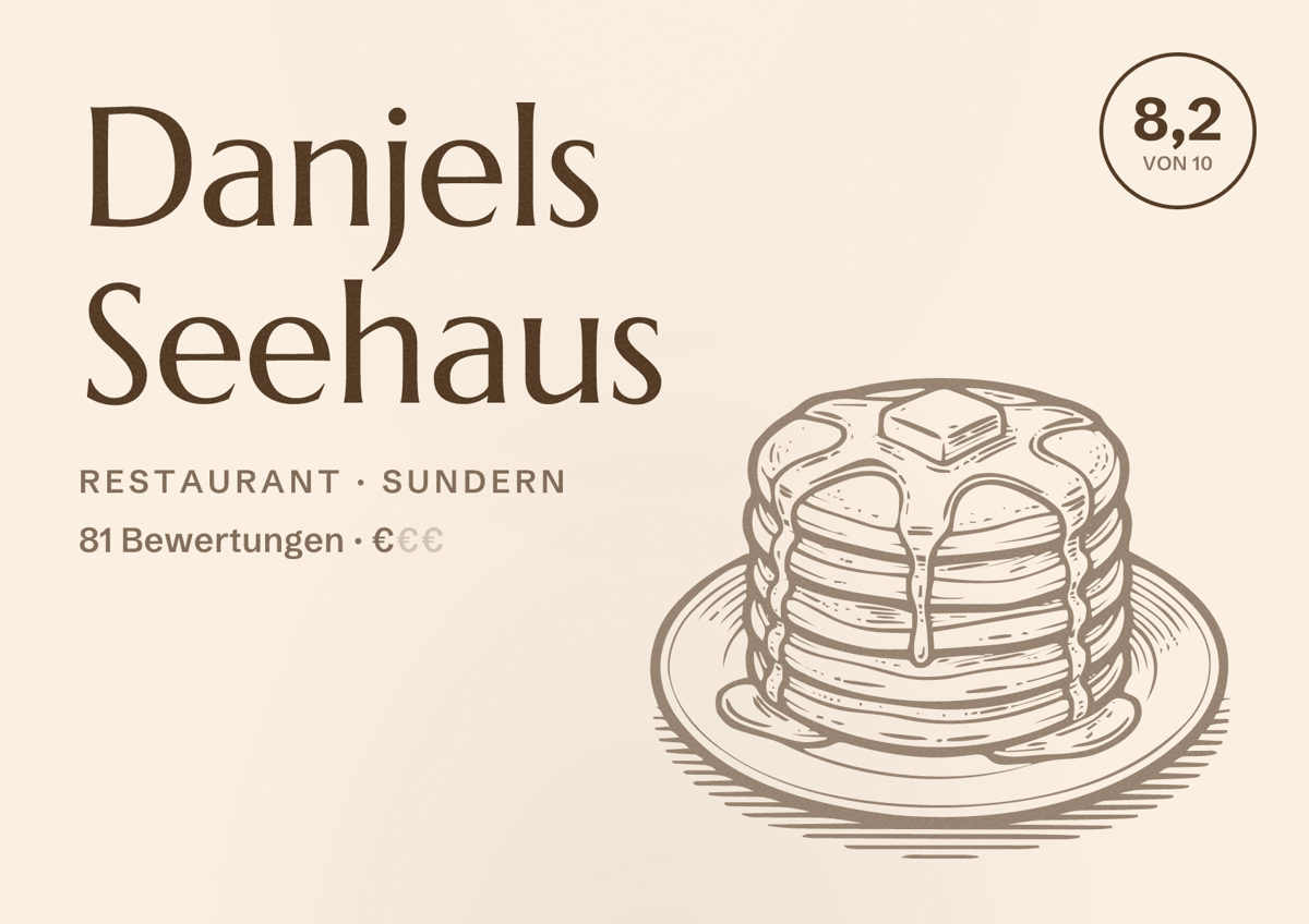 Illustriertes Poster von Danjels Seehaus, Restaurant in Sundern: Bewertung 8,2 von 10 aus 81 Bewertungen, Preisniveau €