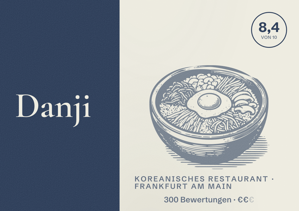 Illustriertes Poster von Danji, Koreanisches Restaurant in Frankfurt am Main: Bewertung 8,4 von 10 aus 300 Bewertungen, Preisniveau €€