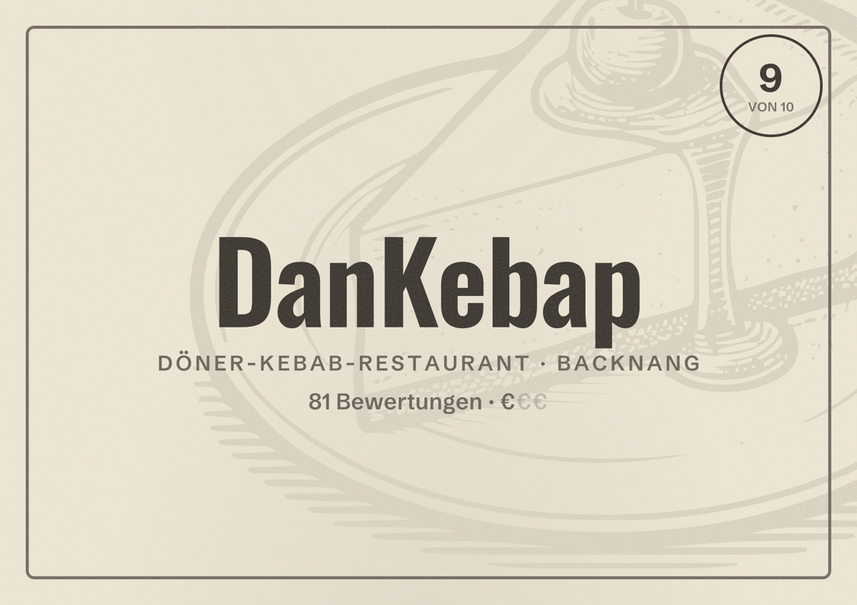Illustriertes Poster von DanKebap, Döner-Kebab-Restaurant in Backnang: Bewertung 9 von 10 aus 81 Bewertungen, Preisniveau €