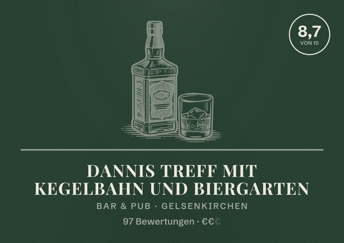 Illustriertes Poster von Dannis Treff mit Kegelbahn und Biergarten, Bar & Pub in Gelsenkirchen: Bewertung 8,7 von 10 aus 97 Bewertungen, Preisniveau €€