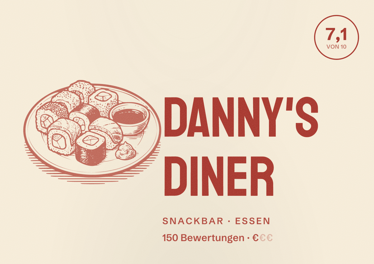 Illustriertes Poster von Danny's Diner, Snackbar in Essen: Bewertung 7,1 von 10 aus 150 Bewertungen, Preisniveau €