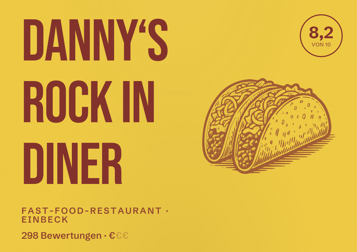 Illustriertes Poster von Danny‘s Rock In Diner, Fast-Food-Restaurant in Einbeck: Bewertung 8,2 von 10 aus 298 Bewertungen, Preisniveau €