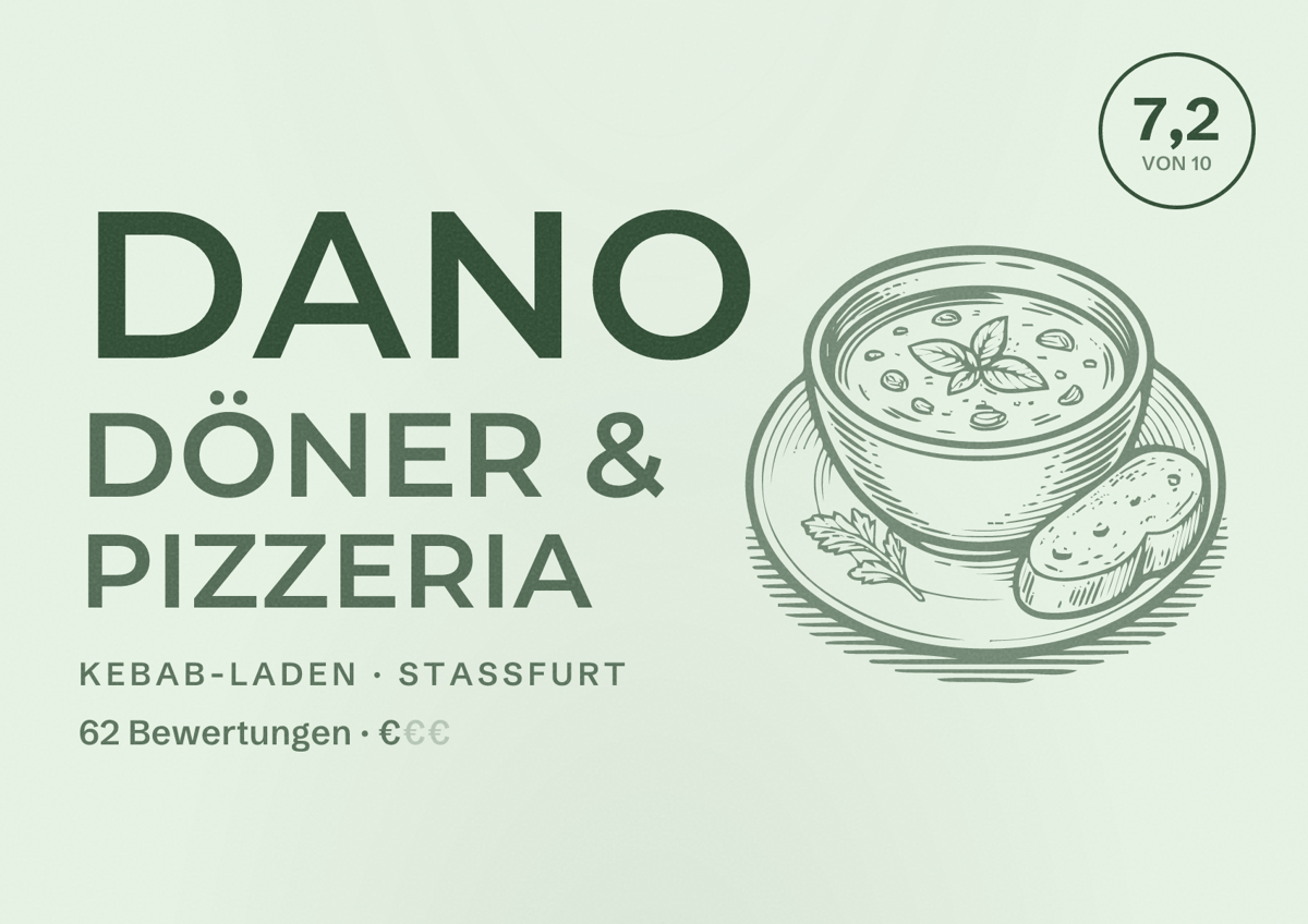Illustriertes Poster von Dano Döner & Pizzeria, Kebab-Laden in Staßfurt: Bewertung 7,2 von 10 aus 62 Bewertungen, Preisniveau €