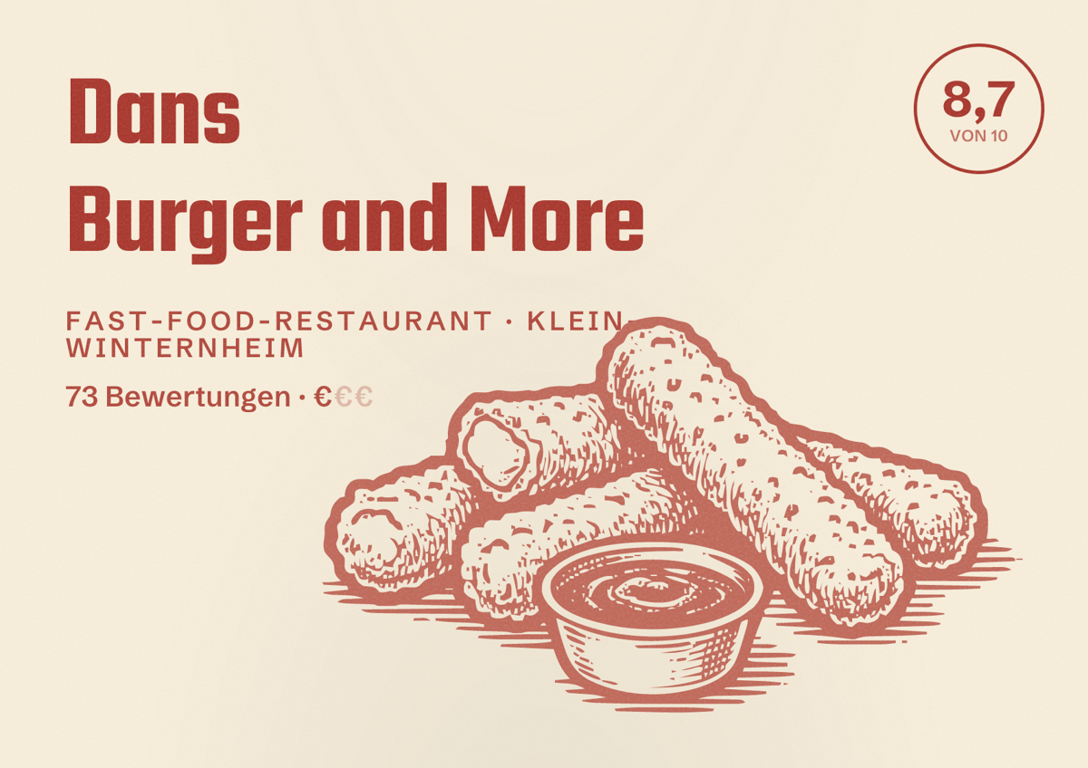 Illustriertes Poster von Dans Burger and More, Fast-Food-Restaurant in Klein-Winternheim: Bewertung 8,7 von 10 aus 73 Bewertungen, Preisniveau €