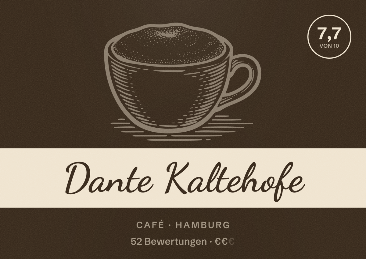 Illustriertes Poster von Dante Kaltehofe, Café in Hamburg: Bewertung 7,7 von 10 aus 52 Bewertungen, Preisniveau €€
