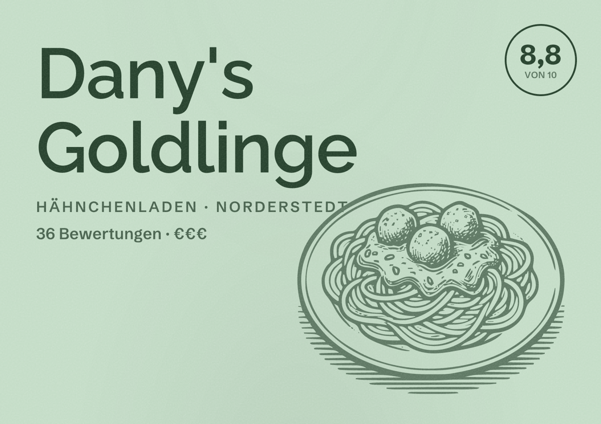 Illustriertes Poster von Dany's Goldlinge, Hähnchenladen in Norderstedt: Bewertung 8,8 von 10 aus 36 Bewertungen, Preisniveau €€€