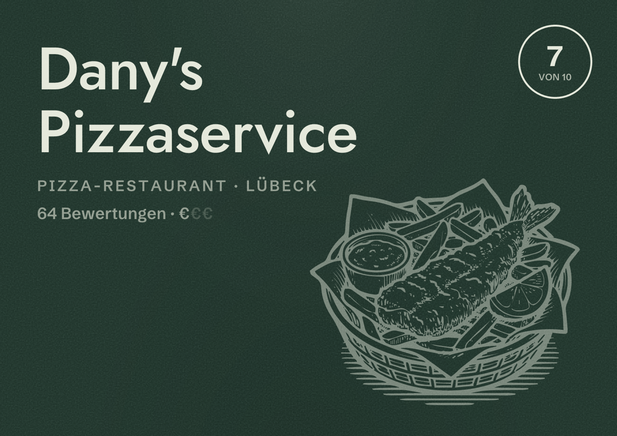 Illustriertes Poster von Dany's Pizzaservice, Pizza-Restaurant in Lübeck: Bewertung 7 von 10 aus 64 Bewertungen, Preisniveau €