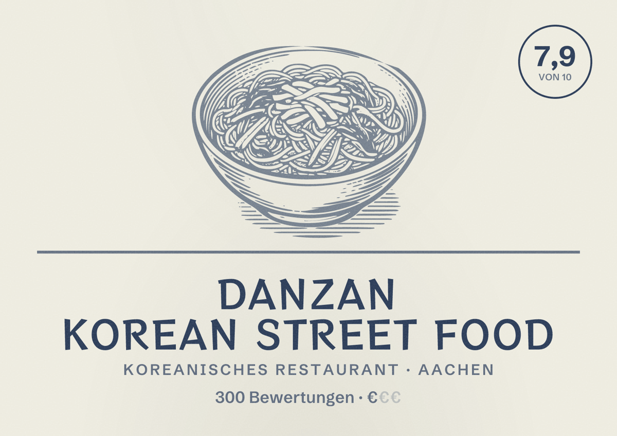 Illustriertes Poster von Danzan Korean Street Food, Koreanisches Restaurant in Aachen: Bewertung 7,9 von 10 aus 300 Bewertungen, Preisniveau €