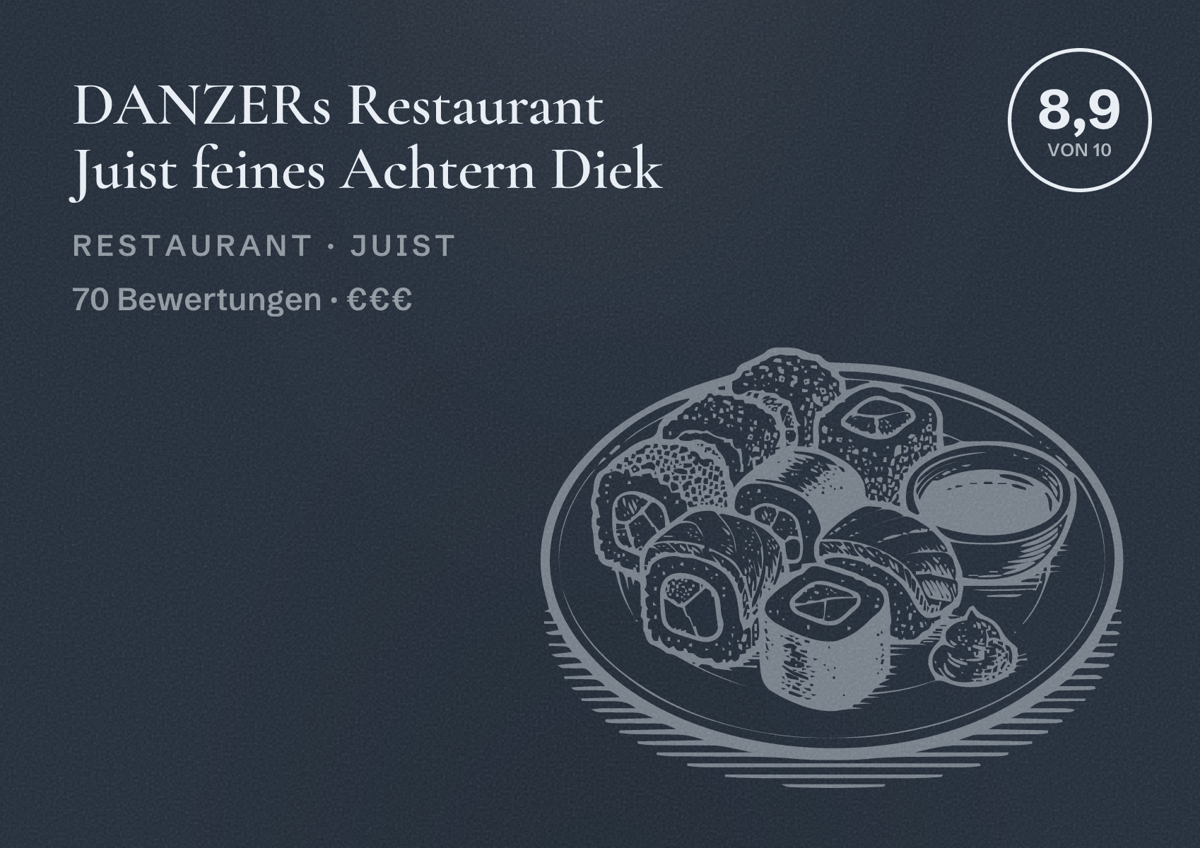 Illustriertes Poster von DANZERs Restaurant Juist feines Achtern Diek, Restaurant in Juist: Bewertung 8,9 von 10 aus 70 Bewertungen, Preisniveau €€€