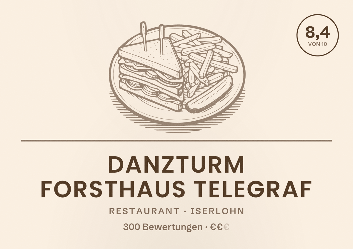 Illustriertes Poster von Danzturm Forsthaus Telegraf, Restaurant in Iserlohn: Bewertung 8,4 von 10 aus 300 Bewertungen, Preisniveau €€
