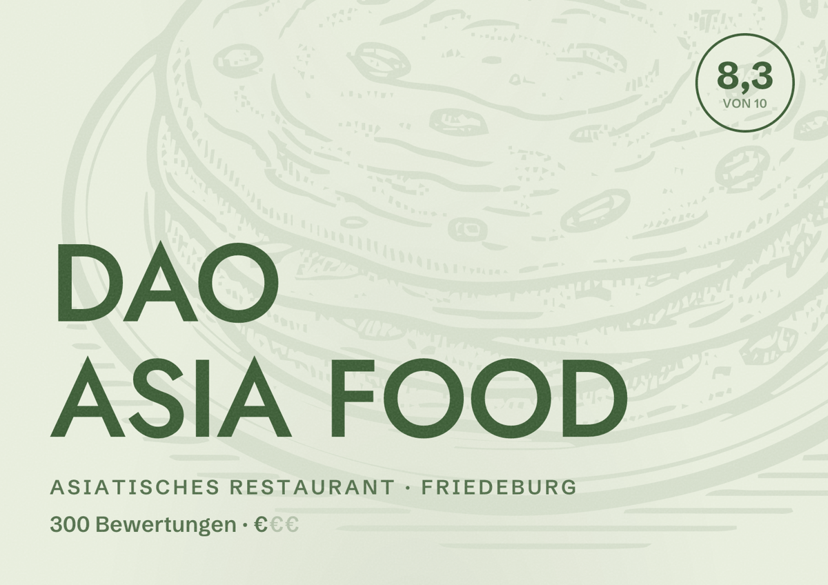 Illustriertes Poster von DAO ASIA FOOD, Asiatisches Restaurant in Friedeburg: Bewertung 8,3 von 10 aus 300 Bewertungen, Preisniveau €