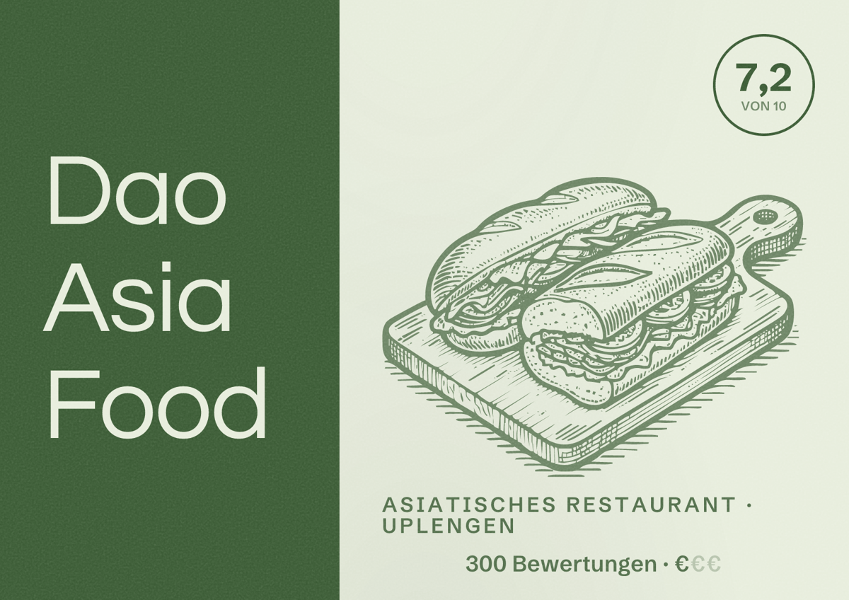 Illustriertes Poster von Dao Asia Food, Asiatisches Restaurant in Uplengen: Bewertung 7,2 von 10 aus 300 Bewertungen, Preisniveau €