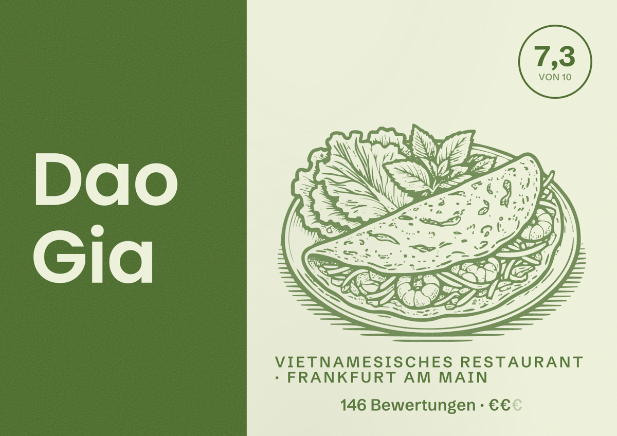 Illustriertes Poster von Dao Gia, Vietnamesisches Restaurant in Frankfurt am Main: Bewertung 7,3 von 10 aus 146 Bewertungen, Preisniveau €€