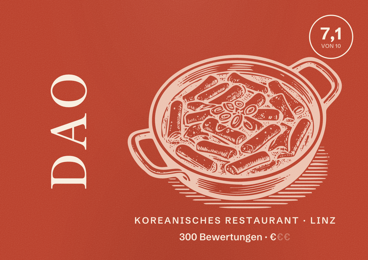 Illustriertes Poster von DAO, Koreanisches Restaurant in Linz: Bewertung 7,1 von 10 aus 300 Bewertungen, Preisniveau €