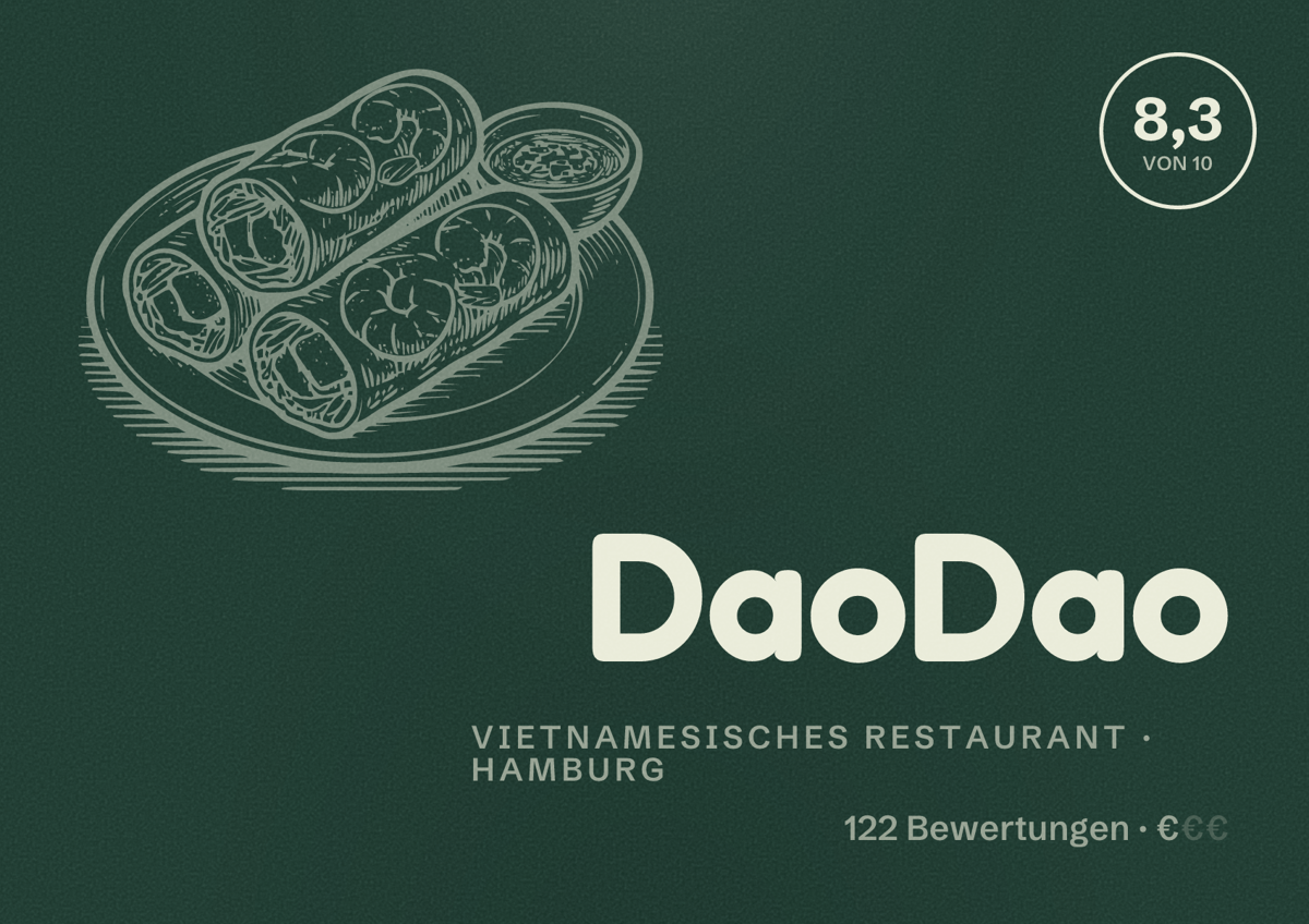 Illustriertes Poster von DaoDao, Vietnamesisches Restaurant in Hamburg: Bewertung 8,3 von 10 aus 122 Bewertungen, Preisniveau €