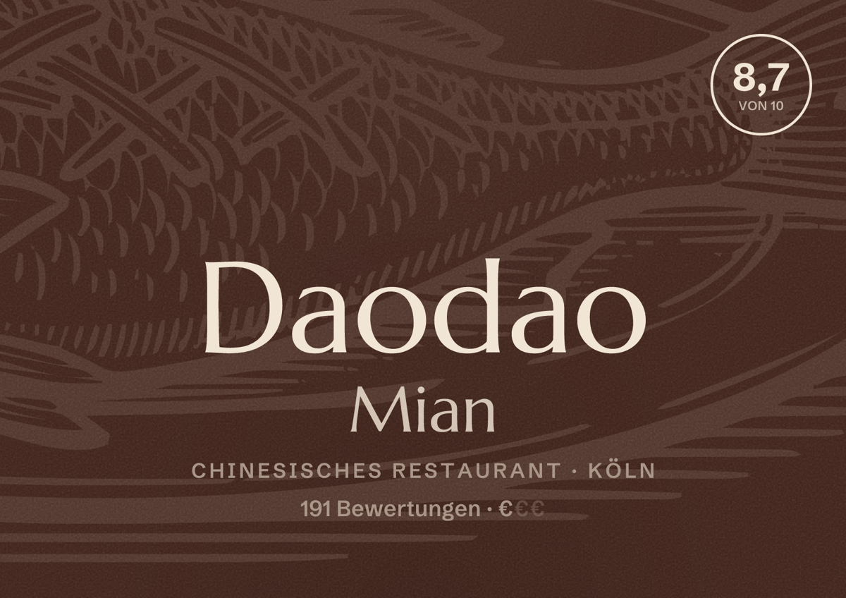 Illustriertes Poster von Daodao Mian, Chinesisches Restaurant in Köln: Bewertung 8,7 von 10 aus 191 Bewertungen, Preisniveau €
