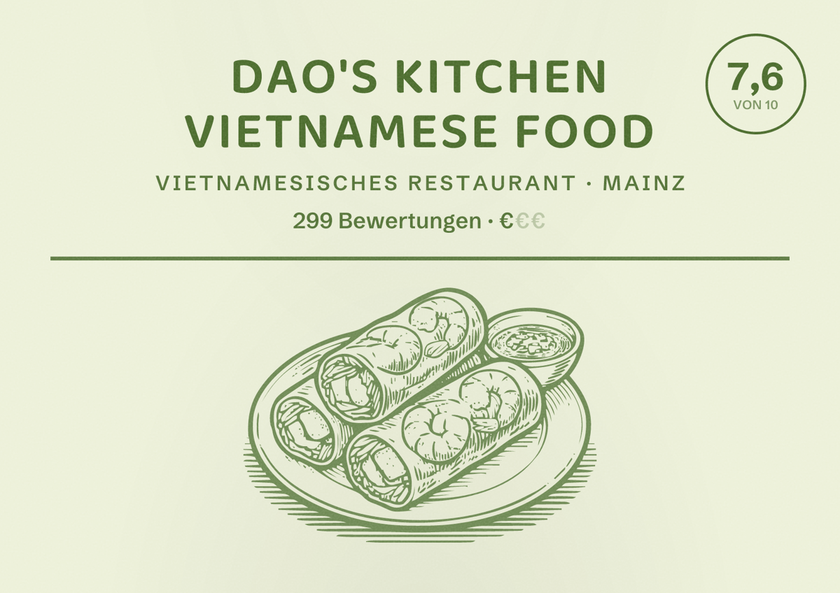 Illustriertes Poster von Dao's Kitchen Vietnamese Food, Vietnamesisches Restaurant in Mainz: Bewertung 7,6 von 10 aus 299 Bewertungen, Preisniveau €