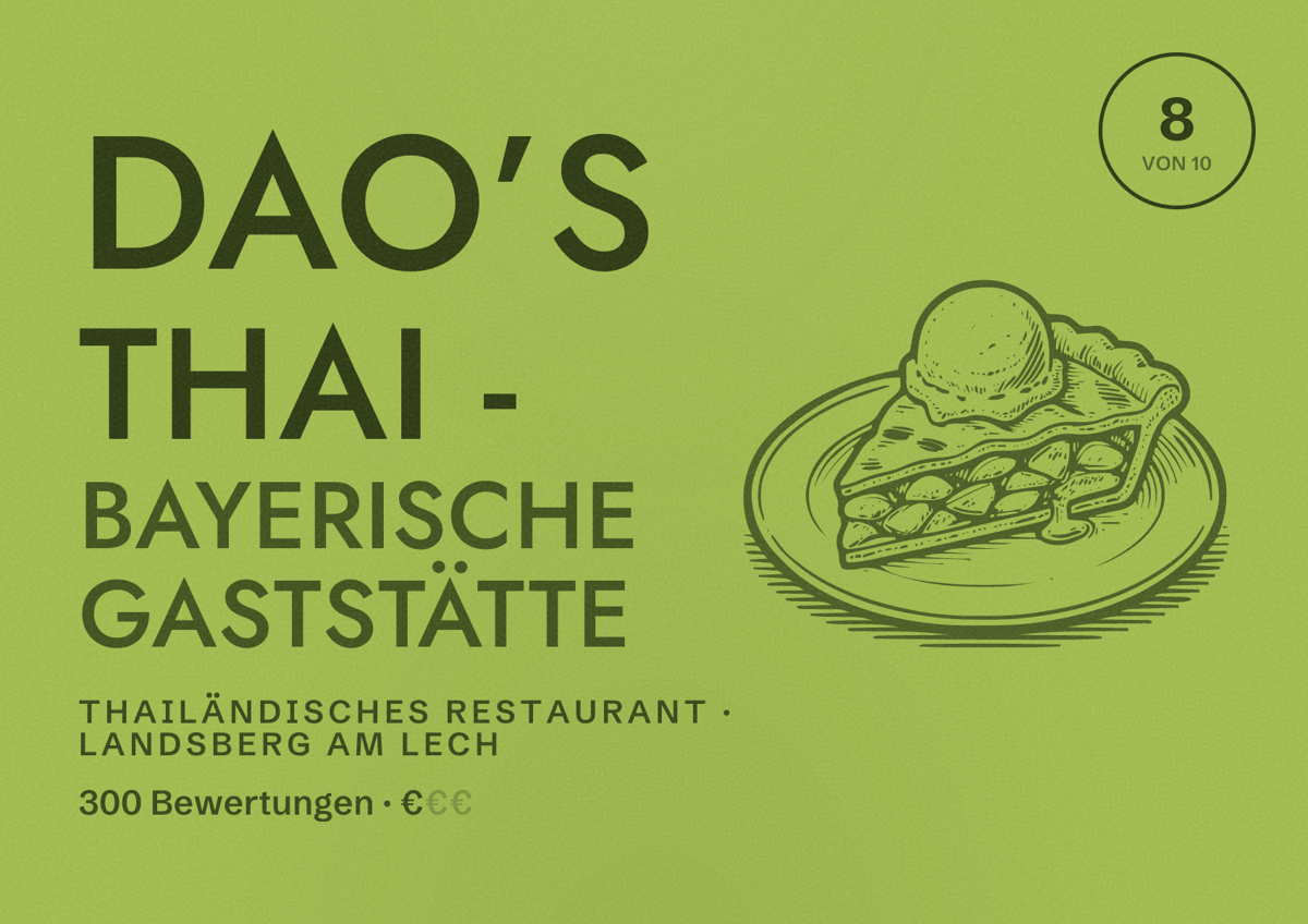 Illustriertes Poster von Dao’s Thai - Bayerische Gaststätte, Thailändisches Restaurant in Landsberg am Lech: Bewertung 8 von 10 aus 300 Bewertungen, Preisniveau €