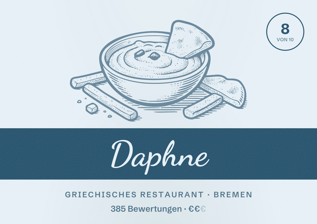 Illustriertes Poster von Daphne, Griechisches Restaurant in Bremen: Bewertung 8 von 10 aus 385 Bewertungen, Preisniveau €€