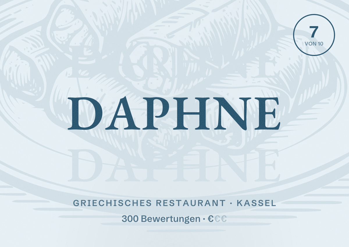 Illustriertes Poster von Daphne, Griechisches Restaurant in Kassel: Bewertung 7 von 10 aus 300 Bewertungen, Preisniveau €