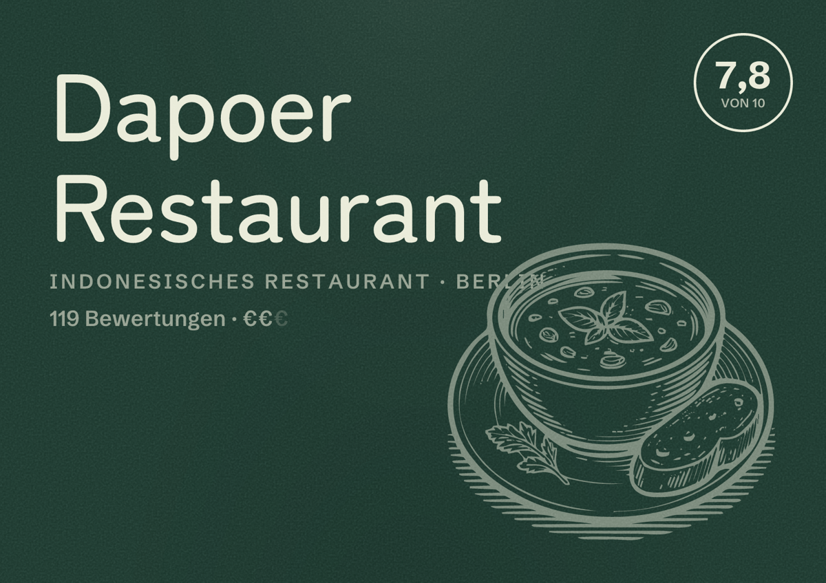 Illustriertes Poster von Dapoer Restaurant, Indonesisches Restaurant in Berlin: Bewertung 7,8 von 10 aus 119 Bewertungen, Preisniveau €€