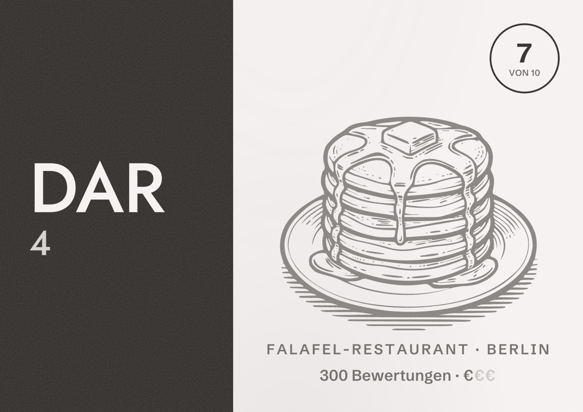 Illustriertes Poster von DAR 4, Falafel-Restaurant in Berlin: Bewertung 7 von 10 aus 300 Bewertungen, Preisniveau €