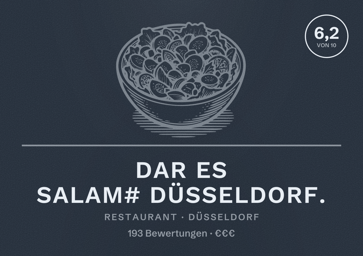Illustriertes Poster von Dar Es Salam# Düsseldorf., Restaurant in Düsseldorf: Bewertung 6,2 von 10 aus 193 Bewertungen, Preisniveau €€€